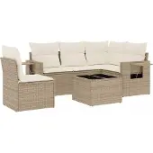 vidaXL 6-delige Loungeset met kussens poly rattan beige