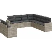 vidaXL 9-delige Loungeset met kussens poly rattan lichtgrijs