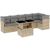 vidaXL 7-delige Loungeset met kussens poly rattan beige
