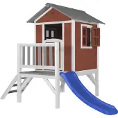 Axi Speelhuis Beach Lodge XL Rood met blauwe Glijbaan | Speelhuis op palen met veranda gemaakt van hout | Klein speeltoestel voor de tuin