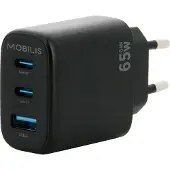 Mobilis 65W GaN Fast Charger met 2 USB-C &amp; 1 USB-A, Snelle Wandadapter voor PC, Tablet &amp; Smartphone
