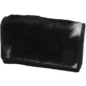 Oi Zwarte leren overslagportemonnee met vacht / damesbeurs met harmonica voor veel pasjes / damesportemonnee met soufflé en vacht / RFID safe / zwart / 998