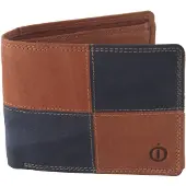 Oi licht bruin-blauw lederen heren portemonnee / cognac-blauw geblokte leren billfold laag model / beurs voor veel pasjes / RFID SAFE / 176