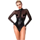 Noir Handmade - bodysuit - transparant inzetstuk - glanzend zwart