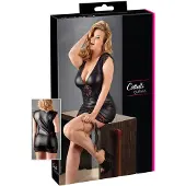 Cottelli Plus Size – Wetlook Mini Jurk met Diepe V-Hals en Bloemen Motief Sexy en Elegant – Maat 4XL – Zwart