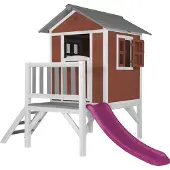 Axi Speelhuis Beach Lodge XL Rood met paarse Glijbaan | Speelhuis op palen met veranda gemaakt van hout | Klein speeltoestel voor de tuin