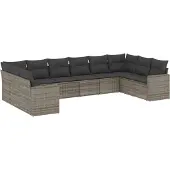 vidaXL 10-delige Loungeset met kussens poly rattan grijs
