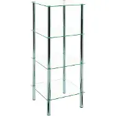 Haku legbord, 3 legborden, elk met een draagvermogen tot 5 kg, B 390 x D 390 x H 1070 mm, staal/ESG veiligheidsglas, chroom/transparant
