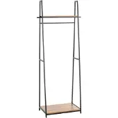 Haku vrijstaande kapstok, totaal draagvermogen 15 kg, 2 legplanken, B 680 x D 400 x H 1660 mm, staal/hout, decor zwart/donker eiken
