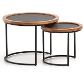Wohnling Salontafel, set van 2, mango massief hout / steenlook, ronde salontafel, settafel met metalen frame, moderne salontafel, bijzettafel