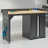 Datona Werkbank 150 cm met gereedschapskast en bamboe werkblad - Zwart