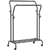 Leobert Verrijdbaar Kledingrek – Dubbele Roede – Inclusief Opbergplank – Zwart – Max. 100 kg – Industrieel Stalen Frame – Kapstok op Wielen