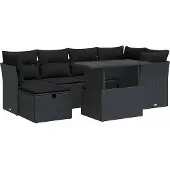 vidaXL 7-delige Loungeset met kussens poly rattan zwart