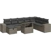 vidaXL 9-delige tuinmeubelset met kussens, grijs, polyrotan