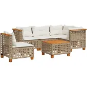 vidaXL 6-delige Loungeset met kussens poly rattan beige