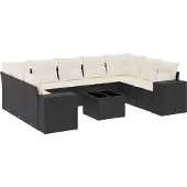 vidaXL 10-delige Loungeset met kussens poly rattan zwart