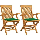 vidaXL Klapstoelen met groene kussens, 2 stuks, massief teak hout