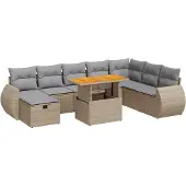 vidaXL 9-delige tuinmeubelset met kussens, beige, polyrotan, acaciahout