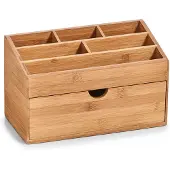 Zeller Pennenbakje 6-vaks met lade bureau organizer - bamboe hout - 25 x 12 x 15 cm