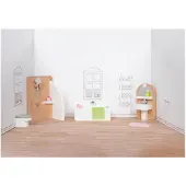 Goki Poppenhuismeubeltjes: DESIGN BADKAMER, 10-delig, 11,2x6,2x6cm (bad), beukenhout en stof, 3+