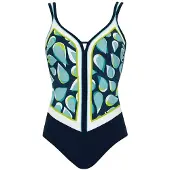 Sunflair damesbadpak – V-hals – comfortabel – blauw met printpanelen - 40 C