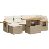 vidaXL 7-delige tuinmeubelset met kussens, beige, polyrotan, acaciahout