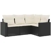 vidaXL 4-delige Loungeset met kussens poly rattan zwart