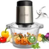 Royalty Line MCE300 Elektrische Hakmolen - Food Chopper - 1 Liter Glazen Kom Met 4 Messen - BPA Vrij - Hakmolens Met 2 Snelheden - 300W - RVS / Glas