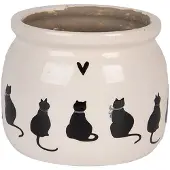 Clayre & Eef Keramiek Bloempot voor Binnen – Zwarte Katten – Rustieke Pot – Ø 12 cm – Kattenmotief