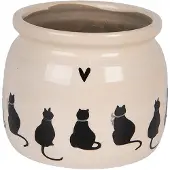 Clayre & Eef Keramiek Bloempot voor Binnen – Zwarte Katten – Rustieke Pot – Ø 16 cm – Kattenmotief