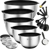 Coock RVS Mengkommen set met Deksel - Beslagkommen met deksel - Bewaarbak met Rasp - Schaal voor Salades & Mengen - 22 Delige Set 1,5 t/m 5 Liter – Incl. Maatschepjes