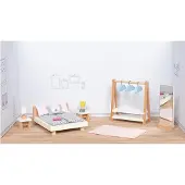 Goki Poppenhuismeubeltjes: DESIGN SLAAPKAMER, 18-delig, bed 12,7cm, beukenhout en stof, 3+