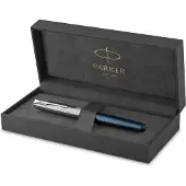 Parker Sonnet vulpen | Roestvrij staal en blauwe lak | Fijne penpunt met zwarte inkt navulling | geschenkdoos