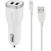 Mobiparts USB-A autolader met 2 poorten en losse 8-pins Lightning - USB kabel - Smart IC - 4,8A / wit - 1 meter