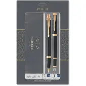 Parker IM Duo geschenkset met balpen en vulpen | glanzend zwart met gouden rand | blauwe inktvulling en -cartridge | cadeauverpakking