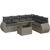 vidaXL 7-delige tuinmeubelset met kussens, grijs, polyrotan