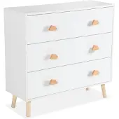 Sweeek Kinderladekast, houtdecor, wit, 3 laden, grenen poten en handgrepen
