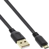 InLine USB Micro B naar USB-A platte kabel - USB2.0 - tot 1A / zwart - 2 meter