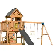 Axi Jack Speeltoestel van hout in Bruin | Speeltoren met zandbak, trapeze, dubbele schommel en grijze Glijbaan | Speelhuis op palen voor de tuin