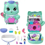 Polly Pocket Dolls and Playset Set Sail Kitty Compact Travel Toy with 1 Micro Doll Pet Cats Food & Fashion Styling Accessories