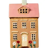 Ib Laursen - Keramieken huisje - Lichtbruin met bloemetjes, roze dak - Waxinelichthouder