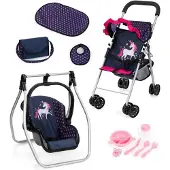 Bayer Opvouwbare poppenbuggy, poppenwagen, dubbele wielen, tas, aankleedkussen, wieg, accessoires
