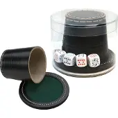 HOT Games pokerbeker, zwart, van leer, met deksel en pokerdobbelstenen, 9x8 cm