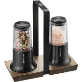 GEFU X-PLOSION Peper- en Zoutmolen Set – 2-delig – Zwart – Met Acaciahouten Houder