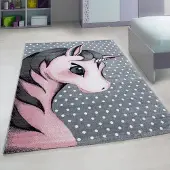 Muratap Kids eenhoorn vloerkleed kinderkamer roze / grijs laagpolig- 140x200 cm
