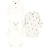 Petit Bateau Set van katoenen babybody's met lange mouwen en print Unisex Rompertje - Wit/Bruin + Wit/Bruin + Wit/Bruin