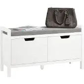 SoBuy FSR63-II-W Opbergbank 91x30x50 cm, Wit, Lage Entree Meubel met Zacht Gekussen en 2 Deuren