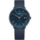 Mondaine Doppio 41mm staal leer blauw