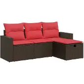 vidaXL 4-delige Loungeset met kussens poly rattan bruin