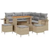 vidaXL Tuinbank Set met kussen 9 pcs Beige poly rattan